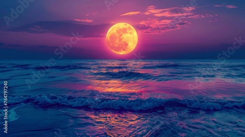 Beautiful full moon over the sea at night with a colorful sky and reflection on the water surface, a fantasy concept. A big yellow round sun in a dark blue purple sky above the ocean horizon line