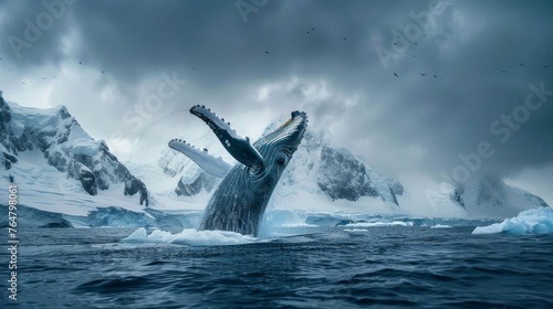 A powerful humpback whale is captured mid-leap, its massive body suspended in the air above the ocean, showcasing its incredible strength and agility. The spray of water surrounds the whale, adding to © Goinyk