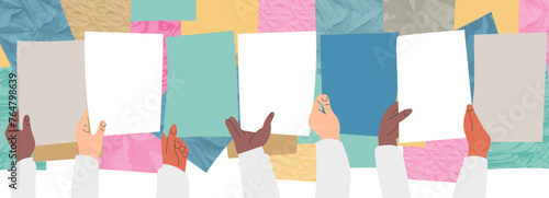 Hand with election vote ballot vector paper collage illustration. Voter community, democracy campaign, culture communicate, equal voice, referendum, citizen bulletin. Diverse people exchange idea