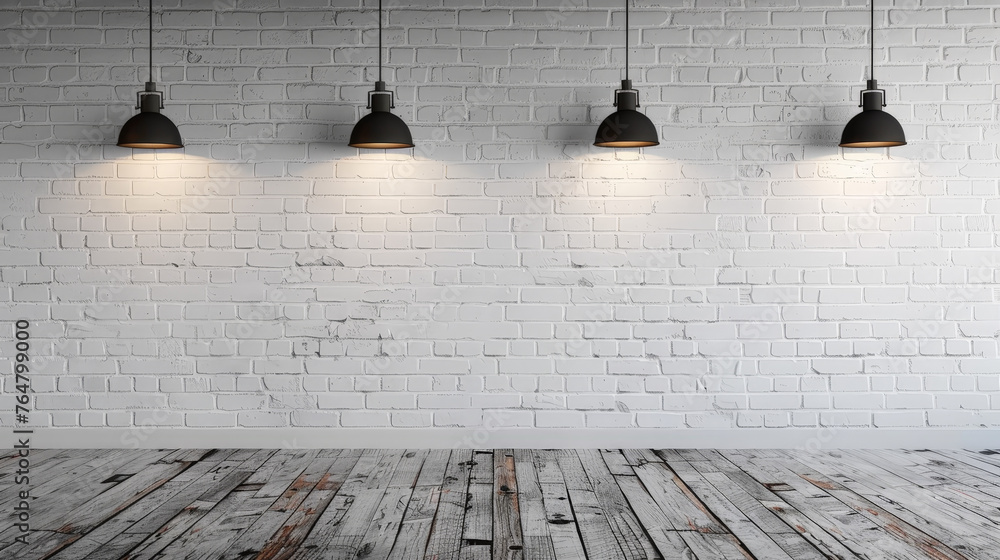Contemporary Minimalism: Empty Space with White Brick Wall and Pendant Lights - obrazy, fototapety, plakaty 