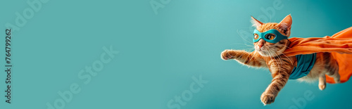 A superhero cat in an orange raincoat and mask flies to help on a light background. Help in the treatment of mental illness, pain and tension relief. Banner, a place for advertising