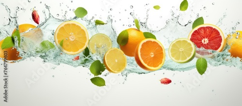 Assorted fresh fruits with vibrant colors and a dynamic water splash, showcasing a refreshing and healthy concept
