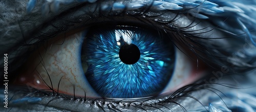 A detailed view of a single eye with striking blue iris and intricate patterns in high resolution