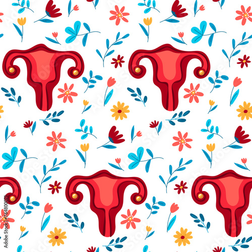 The pattern of the uterus in flowers. The feminist concept of menstruation with a seamless pattern. Uterus, female ovaries. The symbol of the vagina, the female period. Flat vector illustrations