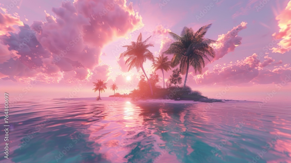 Pink Sky and tropical island with palm trees is illuminated by the warm colors of the setting sun, creating a beautiful and serene atmosphere.