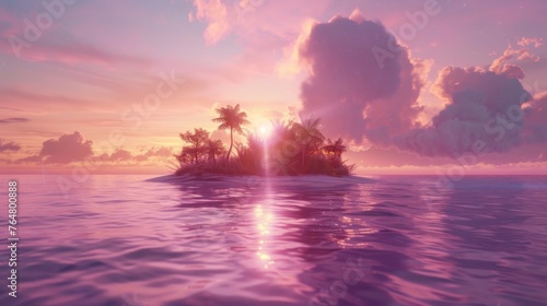 Pink Sky and small island sits in the center of a body of water, surrounded by clear blue water. The island is covered in lush green vegetation, and a few trees dot the landscape. photo
