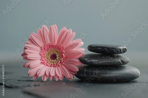 Massage stones and a pink flower arranged on a table