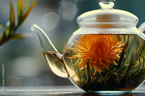 Glass teapot containing a blooming tea flower photo