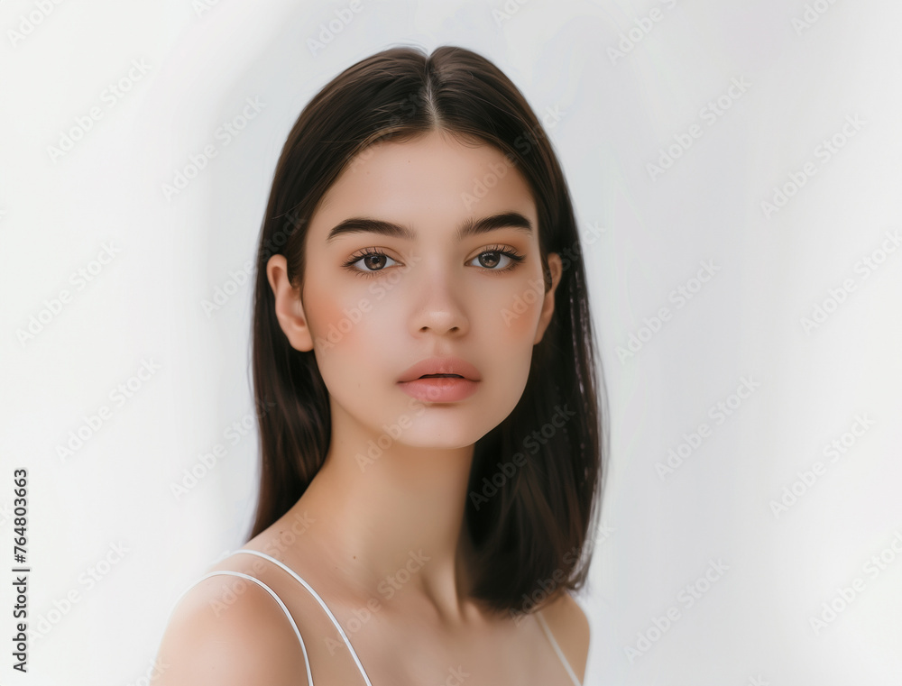 Portrait of a beautiful young woman A beautiful face, beautiful skin, looks modern and luxurious in cosmetic advertisements, generation ai Portrait of a beautiful young woman A beautiful face, beautiful skin, looks modern and luxurious in cosmetic advertisements, generation ai