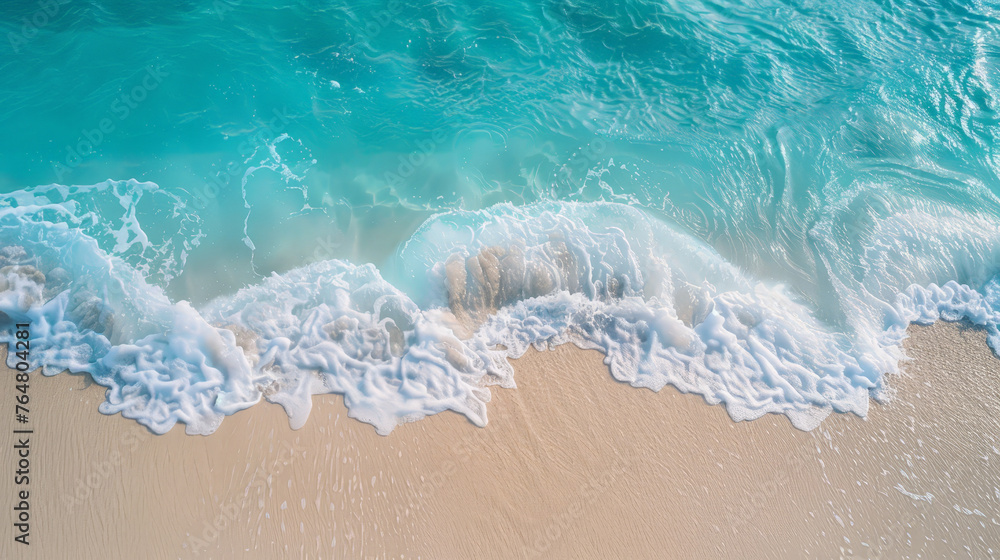 Serene Shoreline aerial view: Pristine Sandy Beach Meeting Gentle Turquoise Waves Serene Shoreline aerial view: Pristine Sandy Beach Meeting Gentle Turquoise Waves