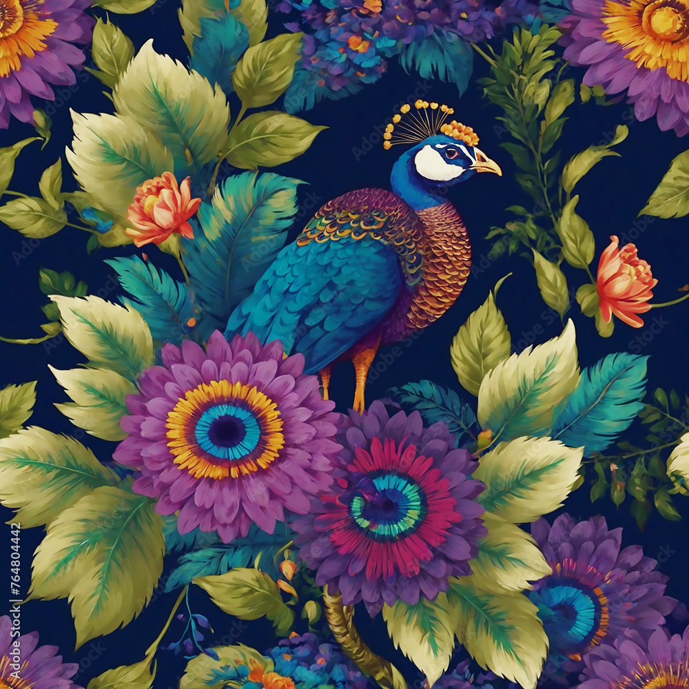 Obraz premium Flower And Peacock Design Background. Ai generate 
