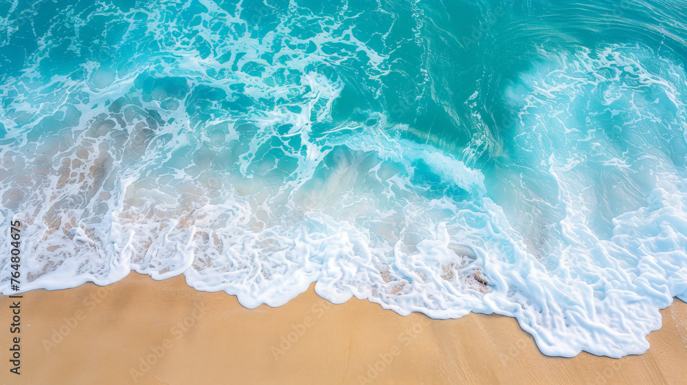 Serene Shoreline aerial view: Pristine Sandy Beach Meeting Gentle Turquoise Waves Serene Shoreline aerial view: Pristine Sandy Beach Meeting Gentle Turquoise Waves