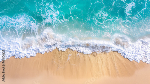 Serene Shoreline aerial view: Pristine Sandy Beach Meeting Gentle Turquoise Waves © Farnaces