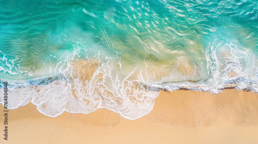 Serene Shoreline aerial view: Pristine Sandy Beach Meeting Gentle Turquoise Waves Serene Shoreline aerial view: Pristine Sandy Beach Meeting Gentle Turquoise Waves