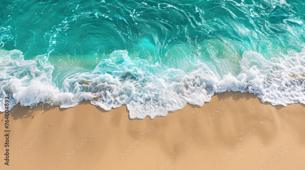 Serene Shoreline aerial view: Pristine Sandy Beach Meeting Gentle Turquoise Waves