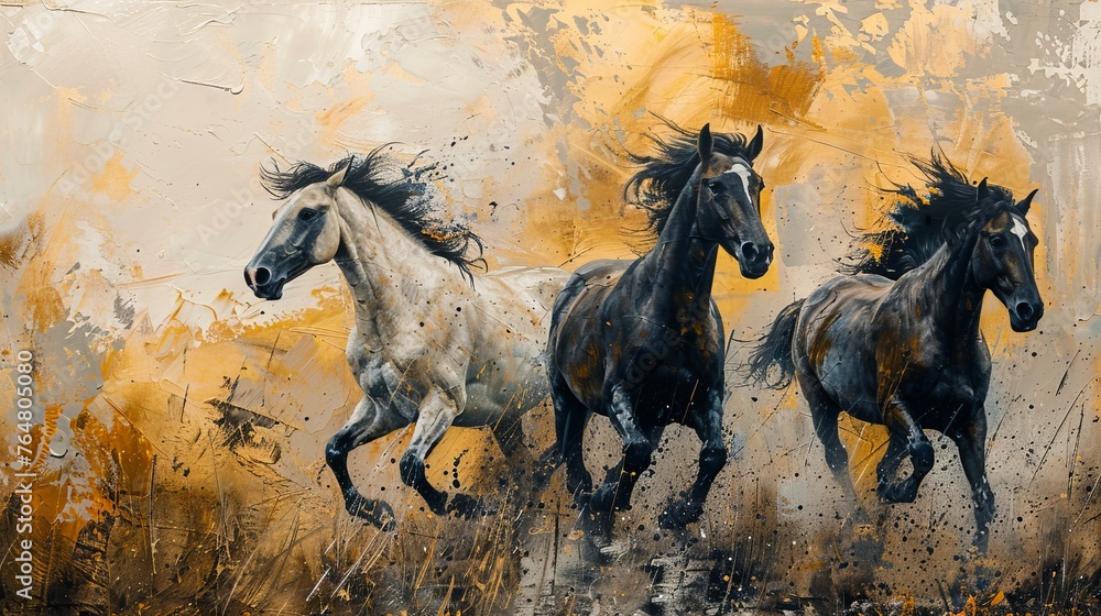 Fototapeta premium Painterly abstractions with metal elements, textures, horses, animals, etc.