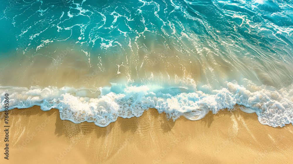 Serene Shoreline aerial view: Pristine Sandy Beach Meeting Gentle Turquoise Waves Serene Shoreline aerial view: Pristine Sandy Beach Meeting Gentle Turquoise Waves