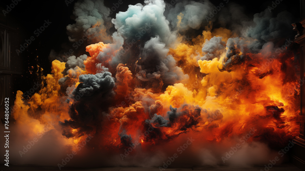 Explosion With Orange Grey Smoke Powder Spreading Gradually. Massive destruction exploding effect 