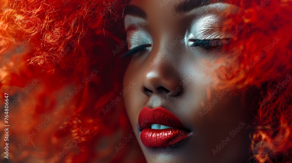  beauty black woman with red lips and red hair