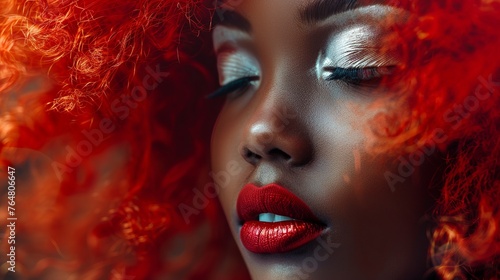  beauty black woman with red lips and red hair