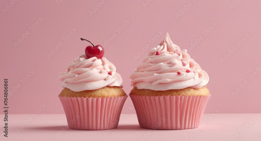 Tasty cherry cupcake on pink background