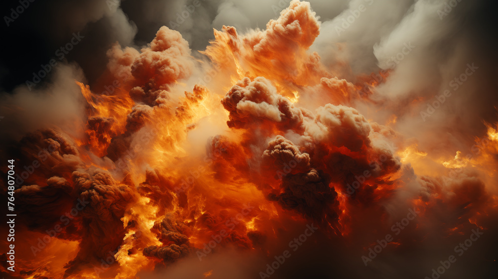 Explosion Orange Smoke Powder Spreading Gradually. Massive destruction exploding effect 