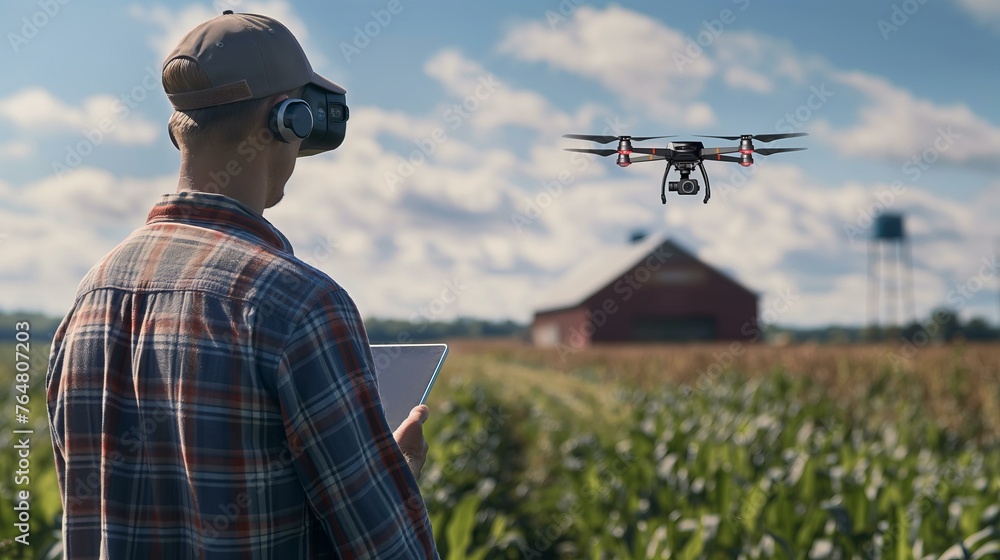 A man wearing a plaid shirt is looking at a drone flying over a field. The drone is equipped with a camera and is flying low to the ground. The man is holding a tablet in his hand, AI generative