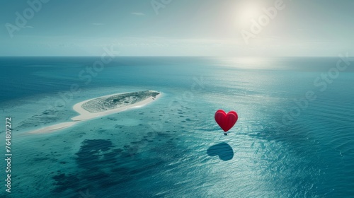 A heart shaped balloon is seen floating alone amidst the vast expanse of the ocean, symbolizing love and hope in an unexpected setting.