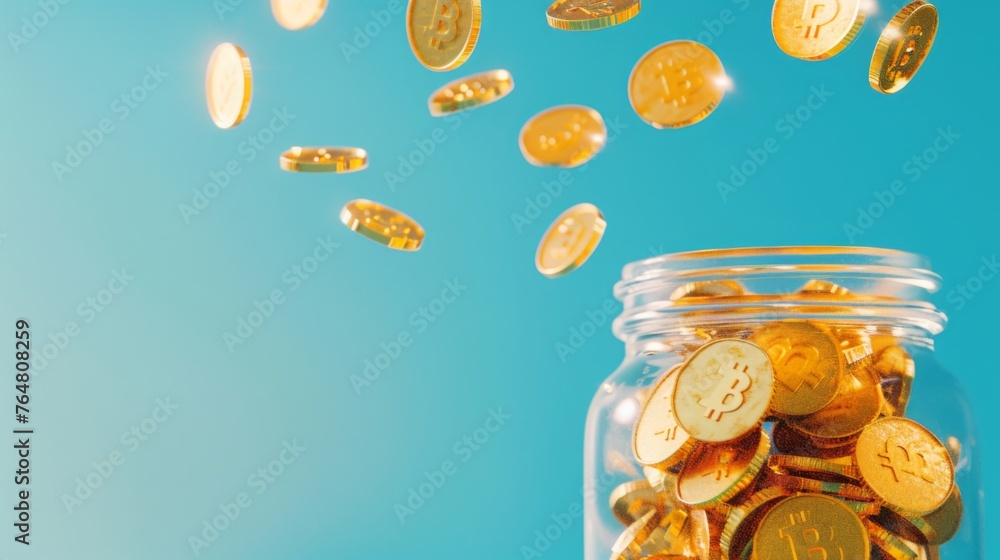 Bitcoin coins spilling from a glass jar against a blue sky, Concept of cryptocurrency growth and investment fluidity