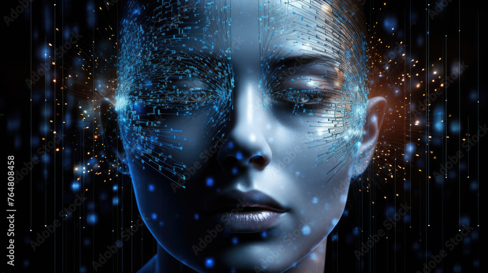 Artificial Intelligence and Virtual Reality concept. 3D human head made of pixels in neon holographic vivid colors on dark background. Vaporwave and Synthwave style illustration. Generative AI