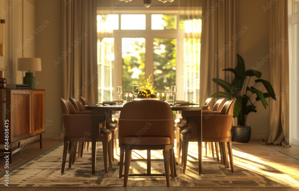 Sophisticated Dining Room Interior at Sunset - Modern Decor with Wooden Accents and Greenery