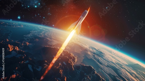 The artists rendering depicts a rocket taking off into space  with flames and smoke trailing behind.