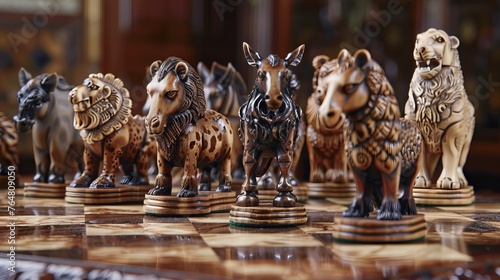Correct arrangement of chess pieces with handcrafted animal figures made of wood