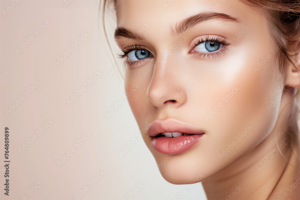 Close-up Beauty Portrait of a Young Woman with Flawless Skin and Natural Makeup Close-up Beauty Portrait of a Young Woman with Flawless Skin and Natural Makeup