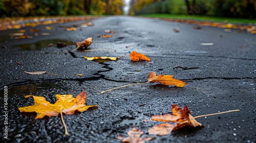 leaves growing through the asphalt, which causes the asphalt to crack