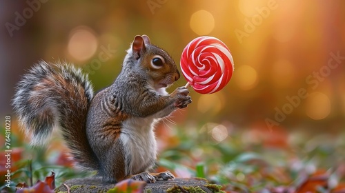 little squirrel trying to lick a big lollipop