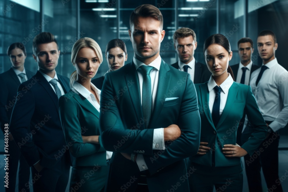 a diverse team of professionals, clad in business formal suits, as they pose with smiles amidst a backdrop of tech-inspired turquoise hues. a diverse team of professionals, clad in business formal suits, as they pose with smiles amidst a backdrop of tech-inspired turquoise hues.