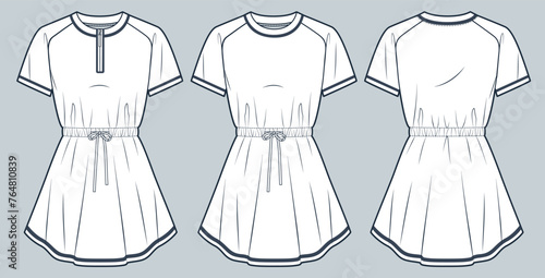  Dress technical fashion illustration. Jersey Mini Dress fashion flat technical drawing template, raglan short sleeve, zipper, drawstring waist, front and back view, white, women CAD mockup set.