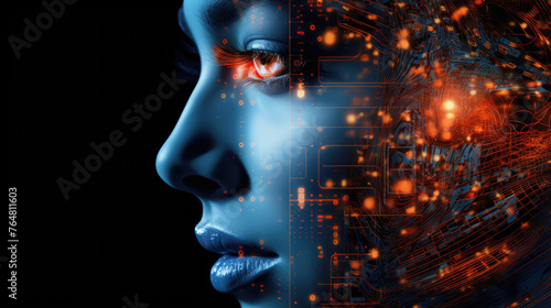 Artificial Intelligence and Virtual Reality concept. 3D human head made of pixels in neon holographic vivid colors on dark background. Vaporwave and Synthwave style illustration. Generative AI
