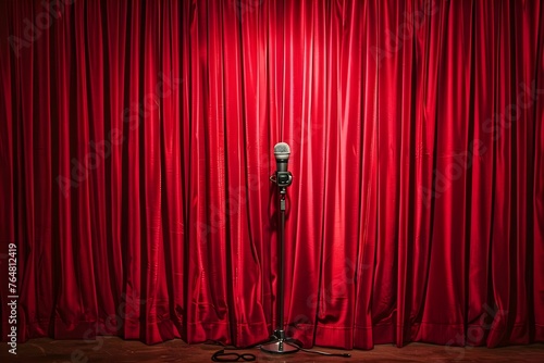 Red stage curtains microphone and spotlight set the scene for a lively cabaret or comedy show. Concept Stage Performance, Cabaret Show, Comedy Act, Red Curtains, Spotlight Lighting