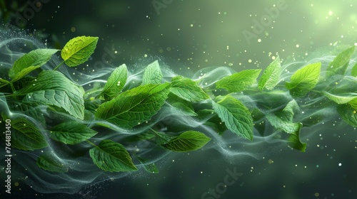An abstract illustration of flying mint leaves and air vortices with green leaves and sparkles on a transparent background. photo