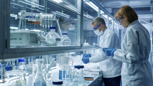 Researchers Analyzing Samples in Laboratory, two scientists in lab coats conducting research in a modern lab.