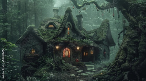 Nestled in a dense, mist-co...