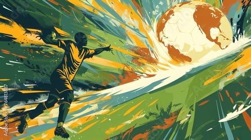 vector illustration. Football player shooting at the round world instead of the ball