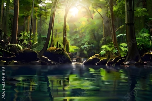 panorama banner background of tropical forest landscape scene for using in concept of environmental ecology and sustainable energy or Earth day, wild wood scenic using for wallpaper of spa and tourism