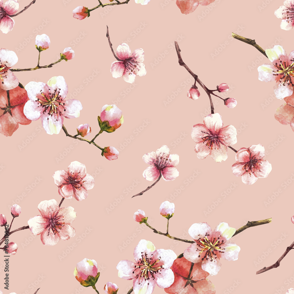Watercolor blooming branch from tree, sakura, cherry buds and flowers seamless pattern Spring blossoms, springtime watercolor painted clipart for fabric print Isolated illustration coloured background