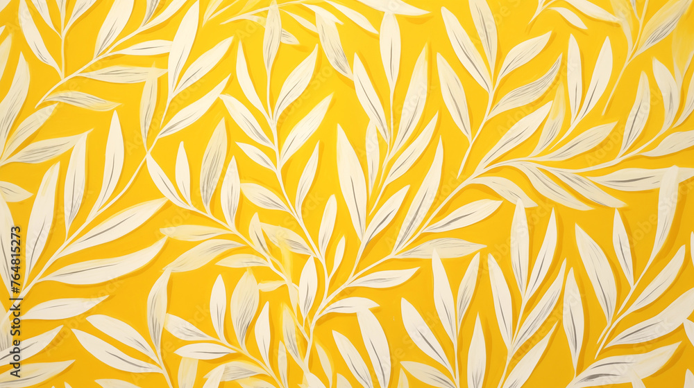Fond jaune avec des branches et feuilles blanches minimalistes. Arrière-plan pour conception et création graphique.  - obrazy, fototapety, plakaty 