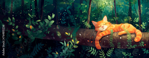 Banner de Dibujo de gato durmiendo plácidamente sobre un tronco en plena naturaleza photo