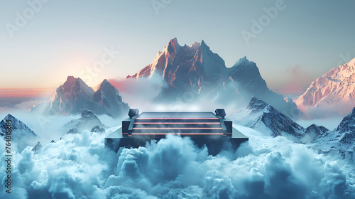 A futuristic, floating platform, pedestal, podium with steps leading up to it stands amidst clouds and snowcapped mountains, ethereal atmosphere, mockup, product presentation