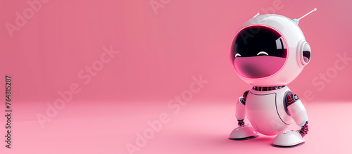 Banner de robot sobre fondo rosado con espacio para texto